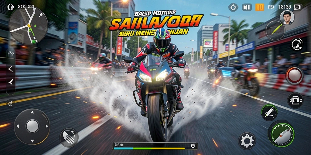 Screenshot gameplay 8180 menunjukkan aksi balap motor yang mendebarkan.