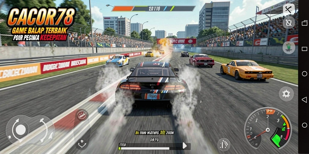 Screenshot gameplay menampilkan mobil balap dalam aksi di trek yang menantang.