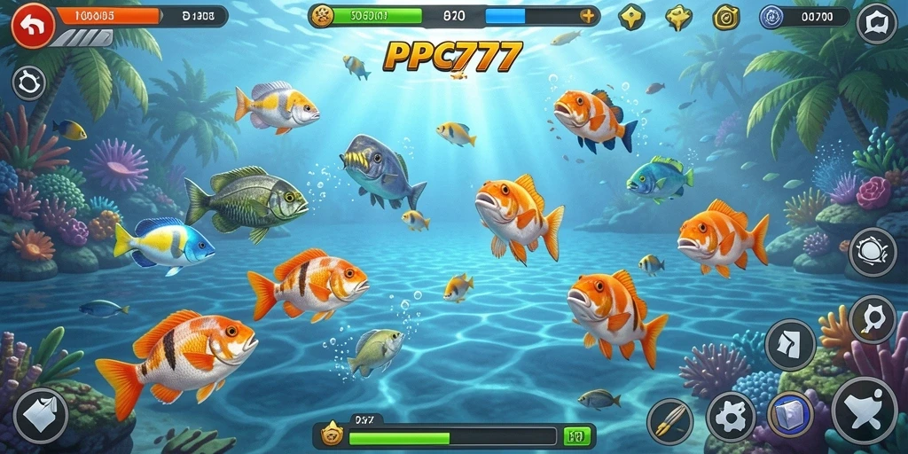 Screenshot permainan PC777 menampilkan aksi seru menembak ikan.