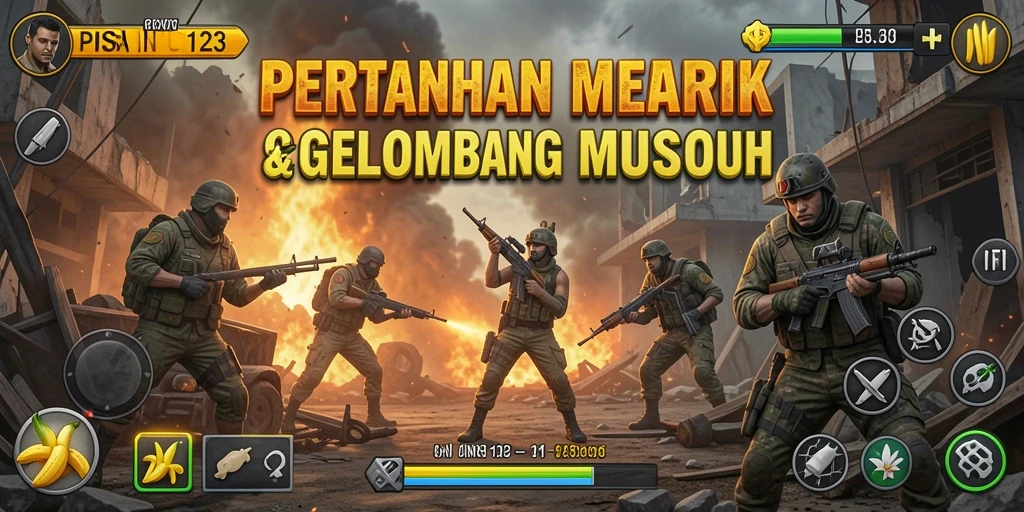 Tangkapan layar gameplay PISANG123 menunjukkan serangan musuh dan pertahanan menara.