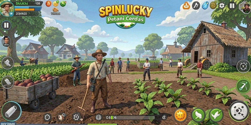 Tampilan gameplay SPINLUCKY yang menarik dan interaktif untuk bertani.